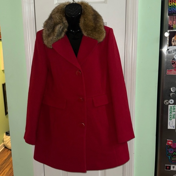 Kate Spade New York True Red Faux-Fur Trim Walker Coat Wool Blend Size Medium - Picture 1 of 15